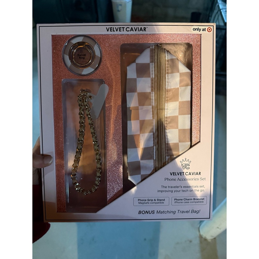 NEW • Velvet Caviar Phone Accessory Set • Checkerboard Design • 3 item Set